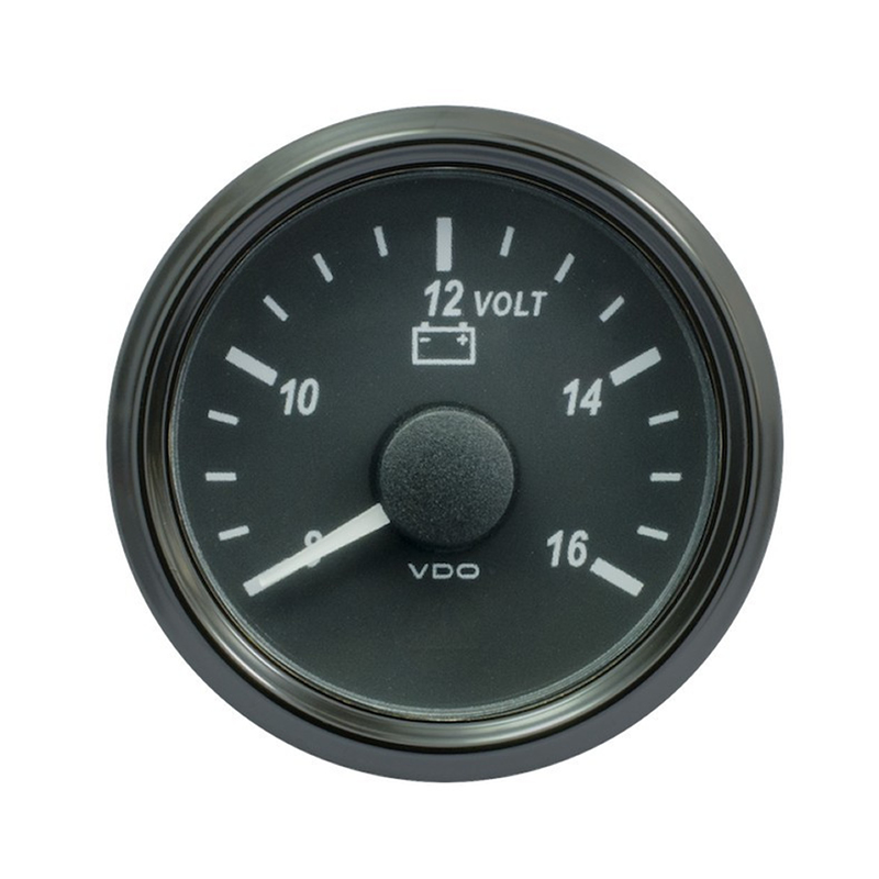 VDO SingleViu 0247 Voltmeter 8-16V Black 52mm White Lighted w Red Pointer gauge